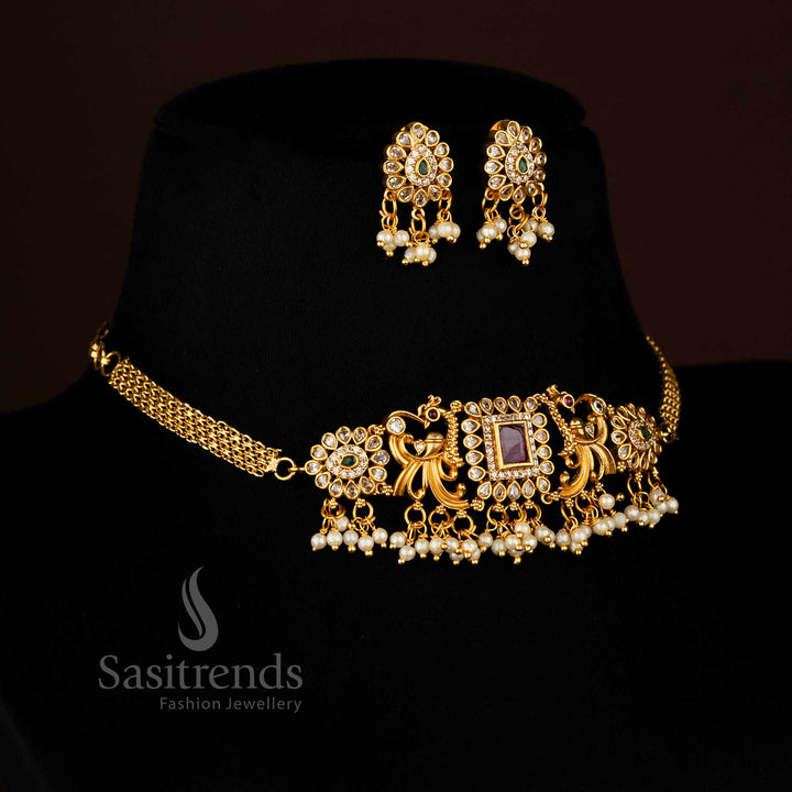 Trendy Temple Matte Gold Plated Peacock Choker Necklace Jewellery Set with AD Stones & Pearl Drops | Sasitrends
