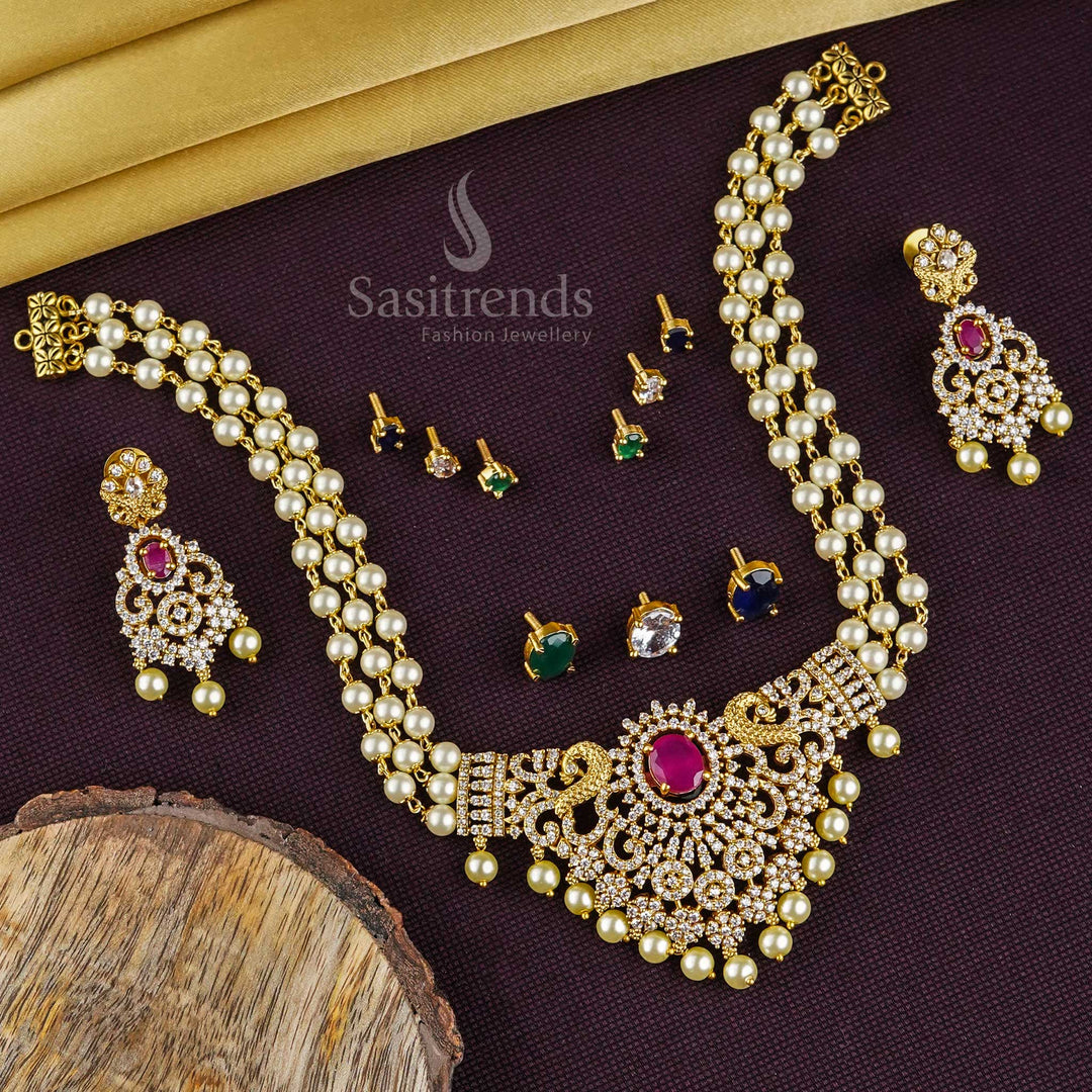 Temple Gold Plated 3-layer pearl peacock choker set with American diamond stones, perfect for Indian traditional occasions - Sasitrends
