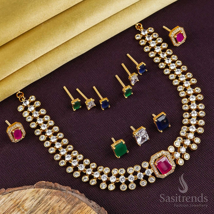 Interchangeable Square Stone AD Choker Jewellery Set with Matte Gold Plating | Sasitrends