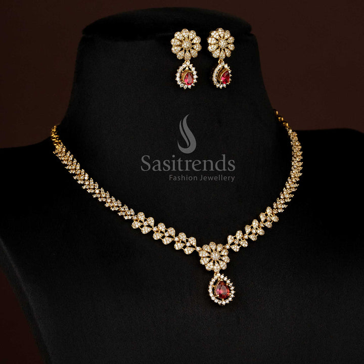 American diamond matte gold plated necklace set with changeable stone and floral design setting – Sasitrends
