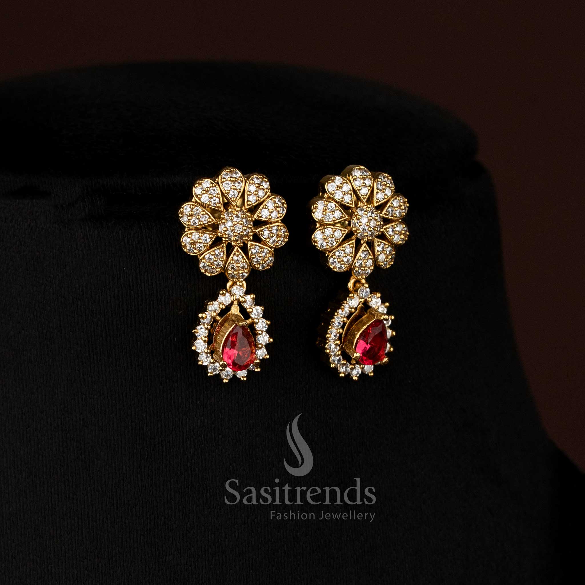 American diamond matte gold plated necklace set with changeable stone and floral design setting – Sasitrends