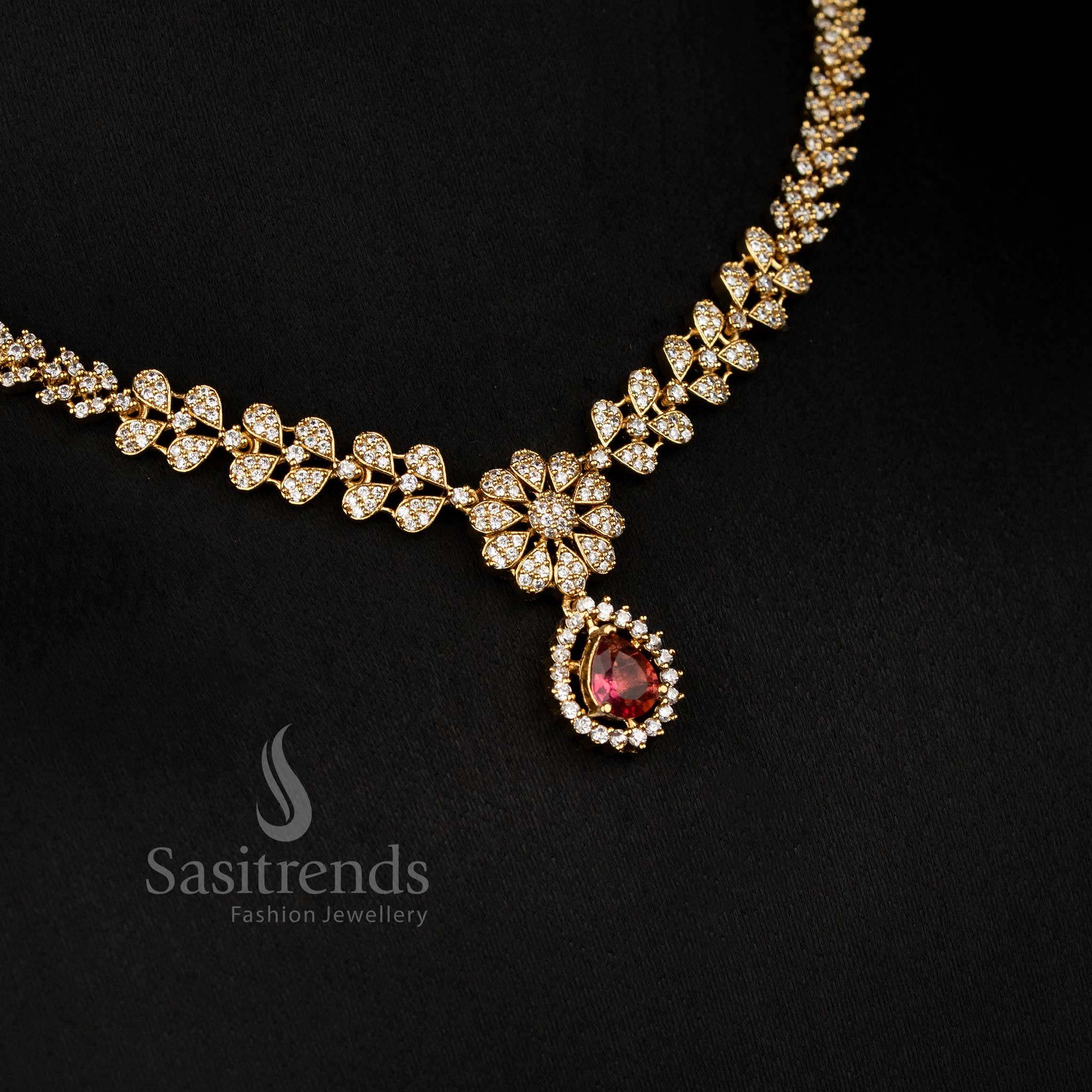 American diamond matte gold plated necklace set with changeable stone and floral design setting – Sasitrends