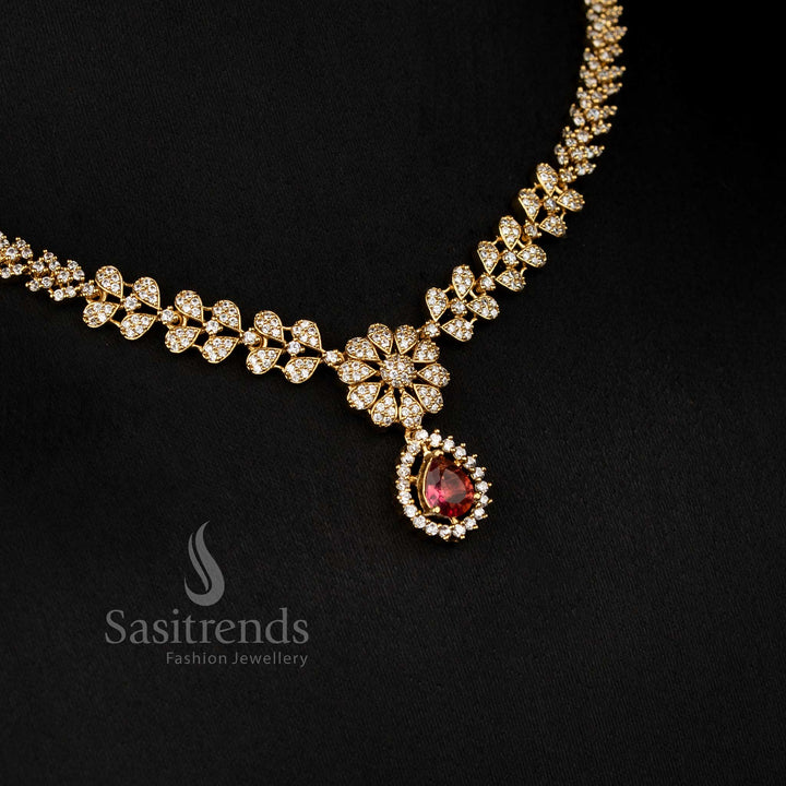 American diamond matte gold plated necklace set with changeable stone and floral design setting – Sasitrends