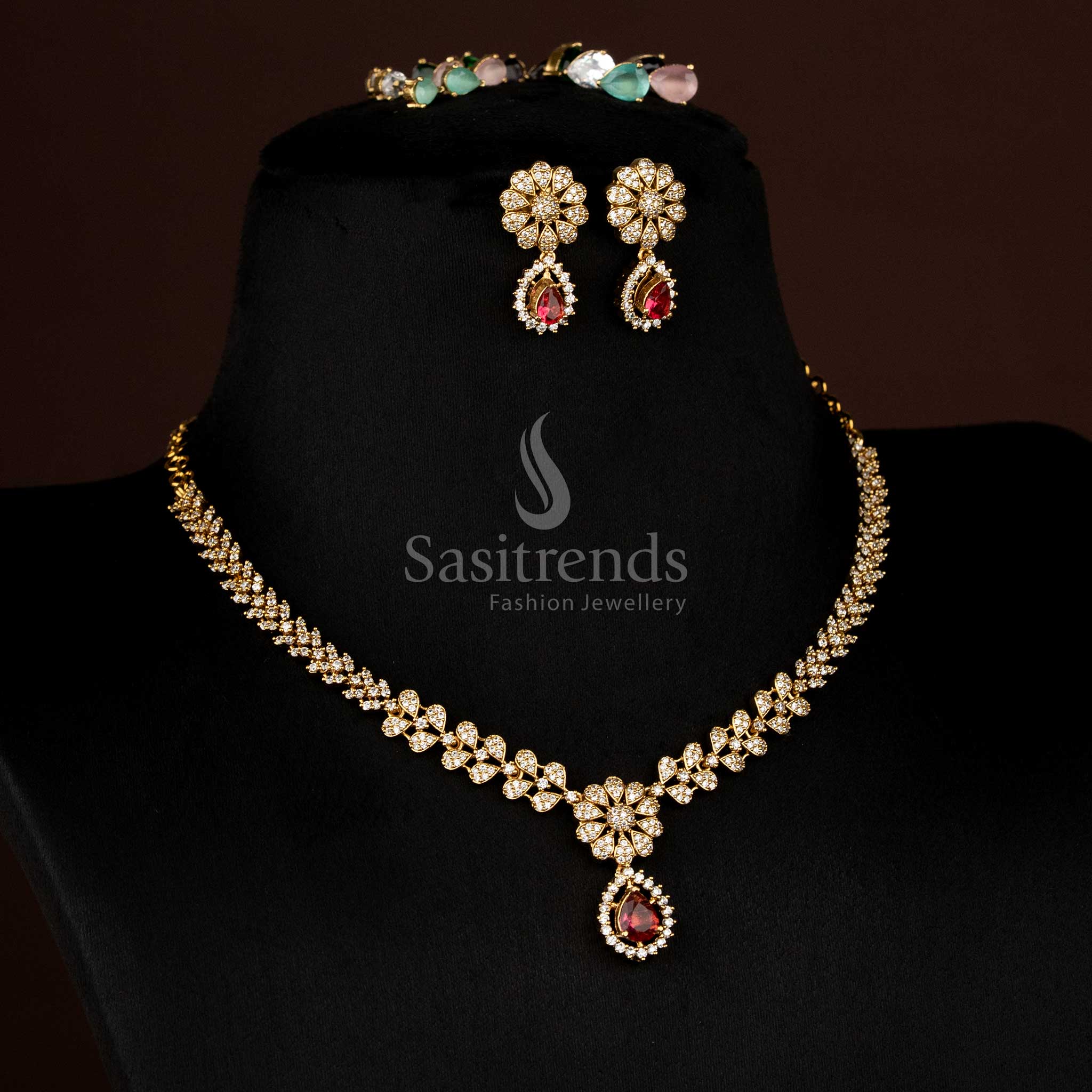 American diamond matte gold plated necklace set with changeable stone and floral design setting – Sasitrends
