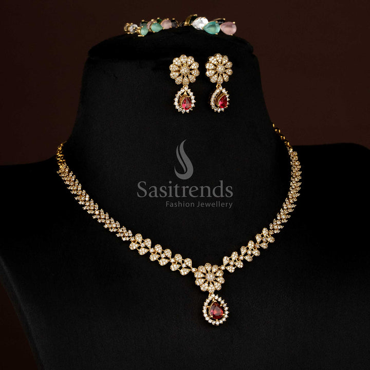 American diamond matte gold plated necklace set with changeable stone and floral design setting – Sasitrends