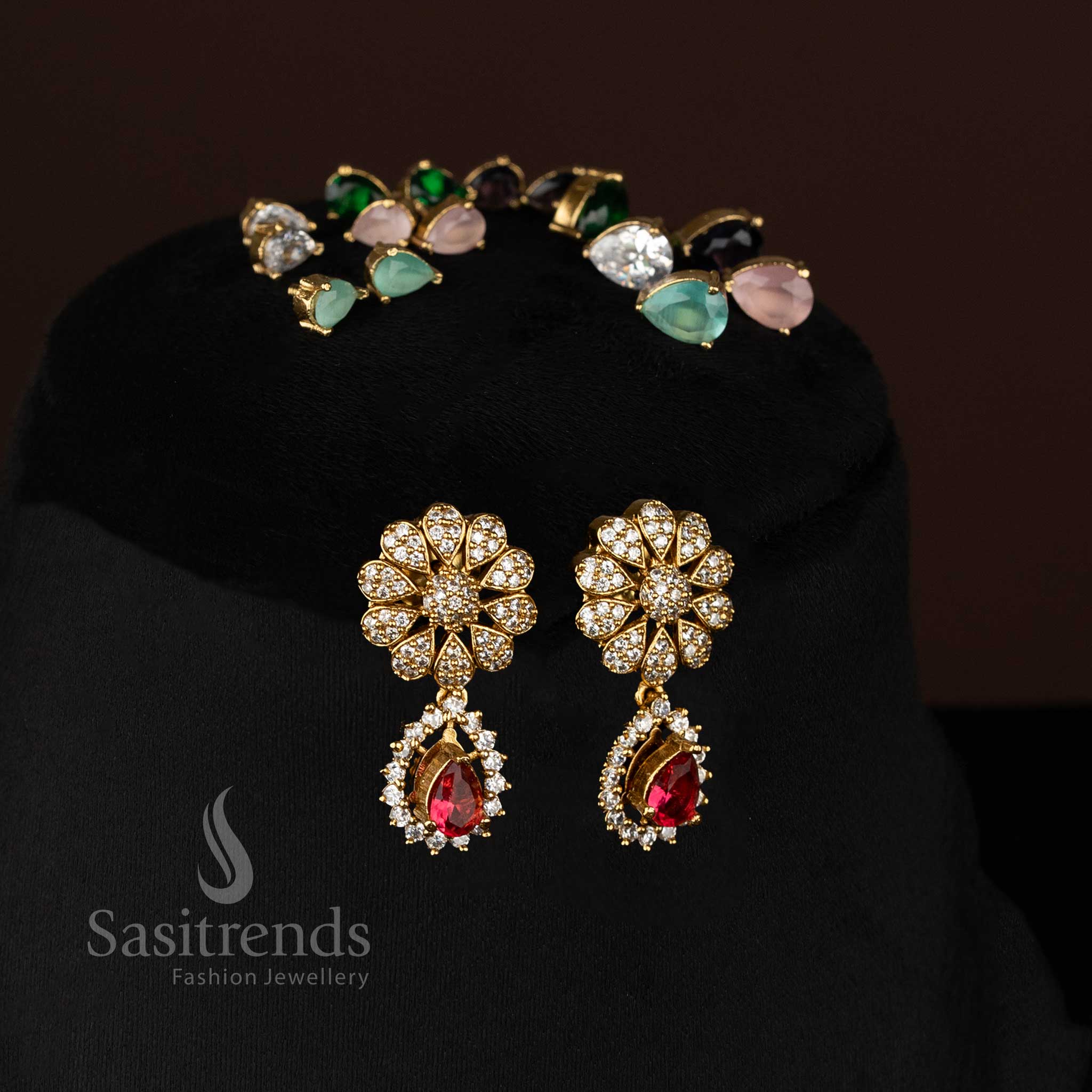 American diamond matte gold plated necklace set with changeable stone and floral design setting – Sasitrends
