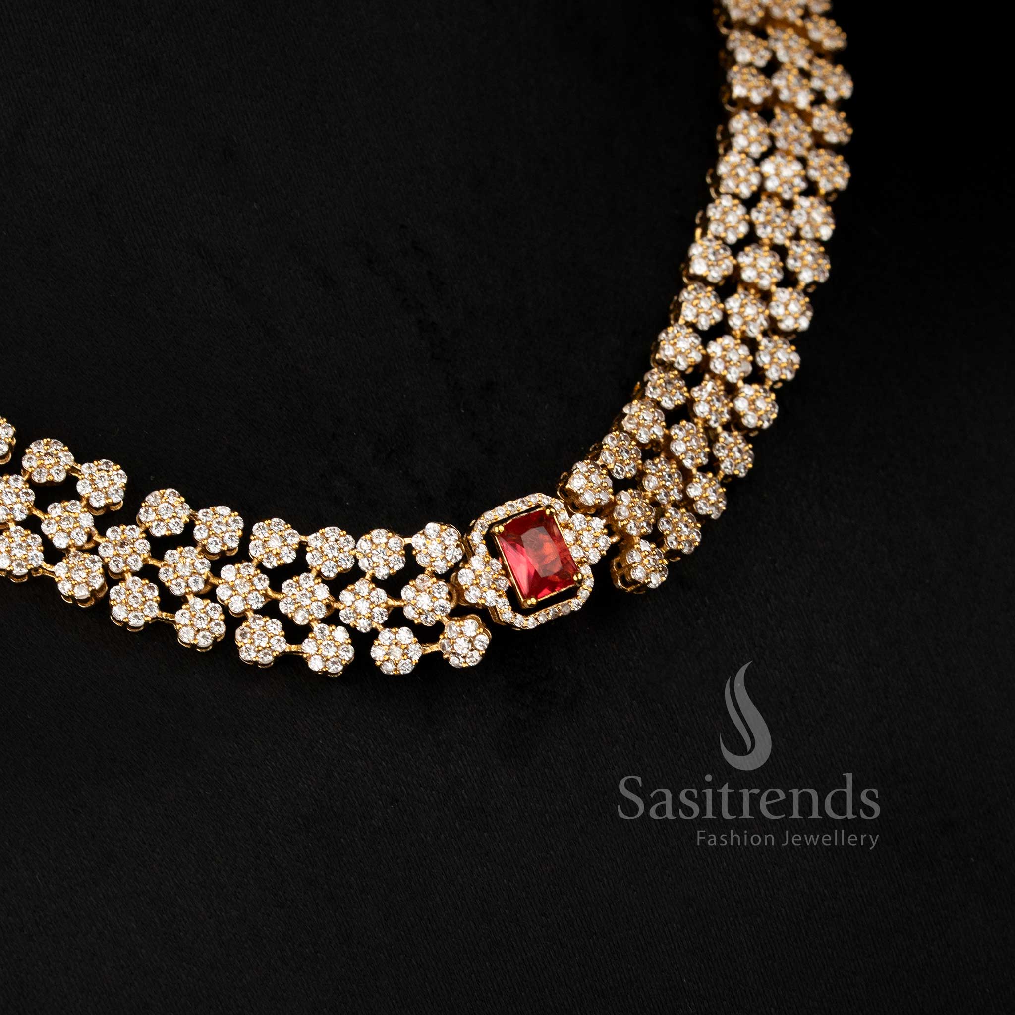 American diamond matte gold plated necklace set with changeable stone and floral design three layer – Sasitrends