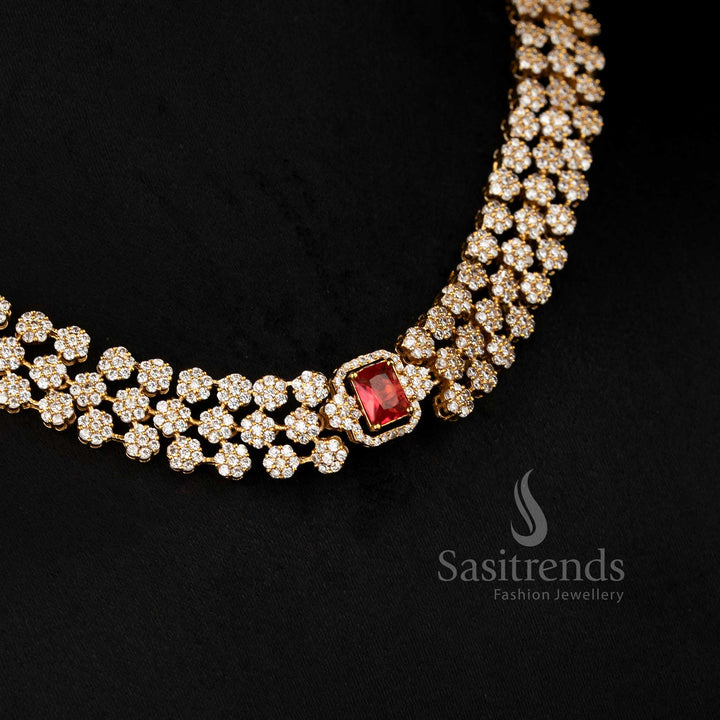American diamond matte gold plated necklace set with changeable stone and floral design three layer – Sasitrends