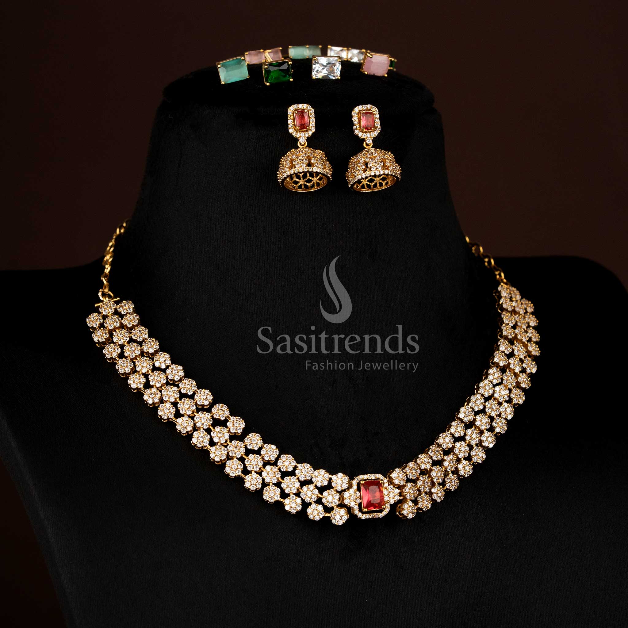 Elegant American diamond matte gold plated necklace set with changeable stone and floral design three layer – Sasitrends