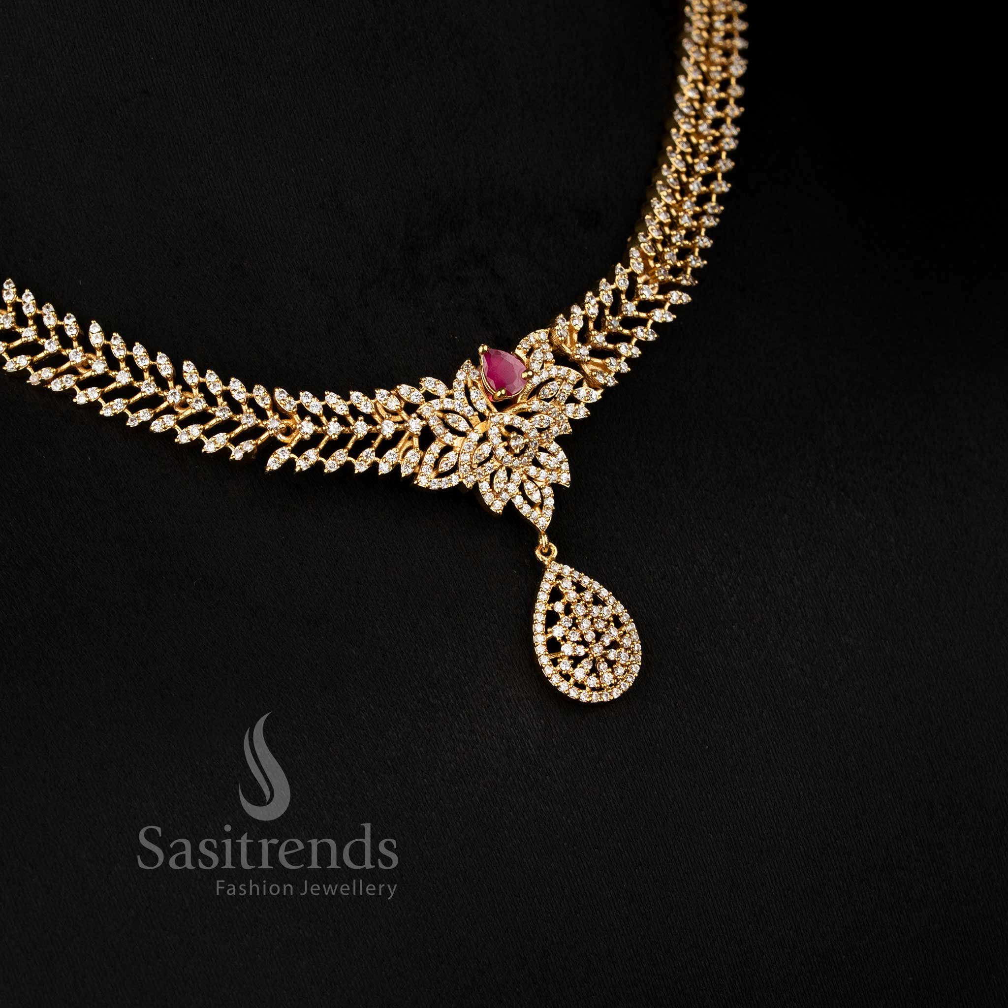 Elegant American diamond matte gold plated necklace set with changeable stone and Leaf design – Sasitrends