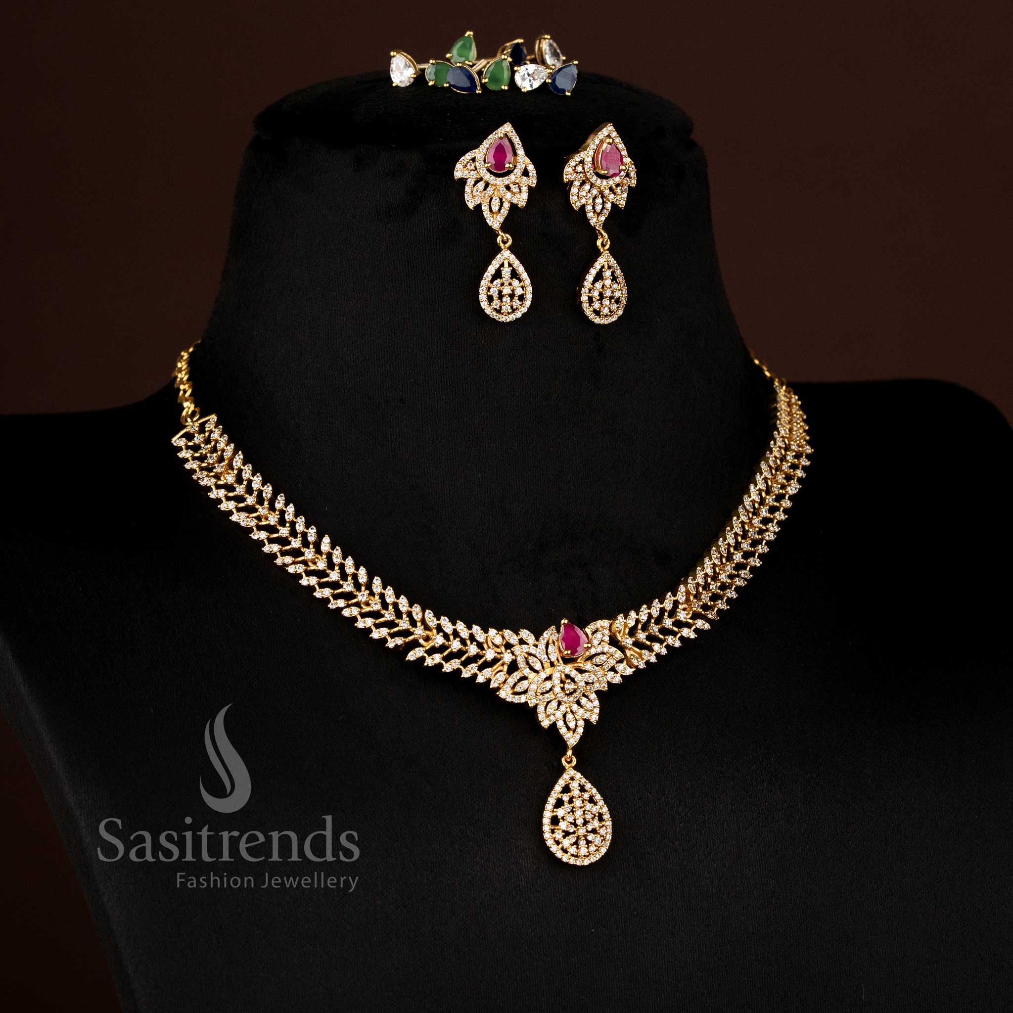 Elegant American diamond matte gold plated necklace set with changeable stone and Leaf design – Sasitrends