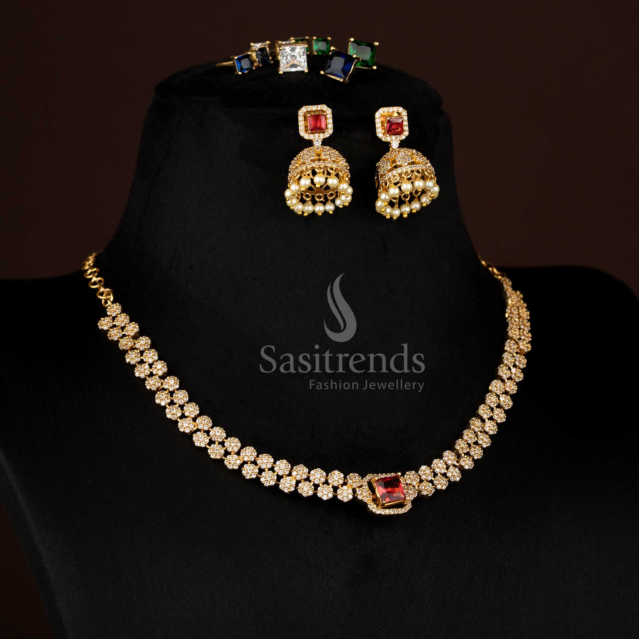 Elegant Two layer American diamond matte gold plated necklace set with changeable stone and FLORAL design – Sasitrends