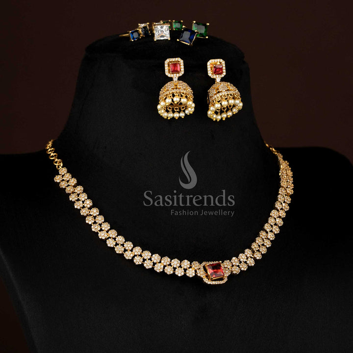 Elegant Two layer American diamond matte gold plated necklace set with changeable stone and FLORAL design – Sasitrends