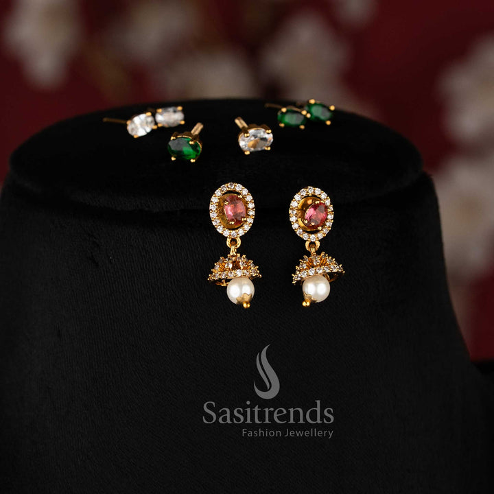 American Diamond matte gold necklace set with interchangeable multicolor stones -Sasitrends