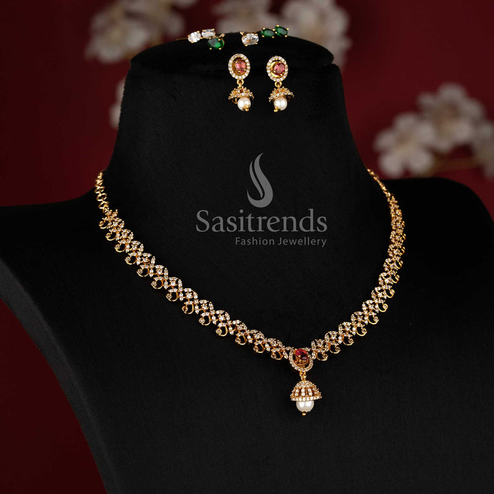American Diamond matte gold necklace set with interchangeable multicolor stones -Sasitrends