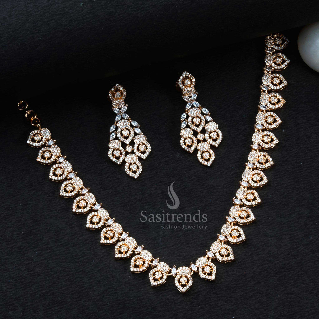 Elegant Rose Gold Floral Necklace Set with AD Stones.  - Sasitrends