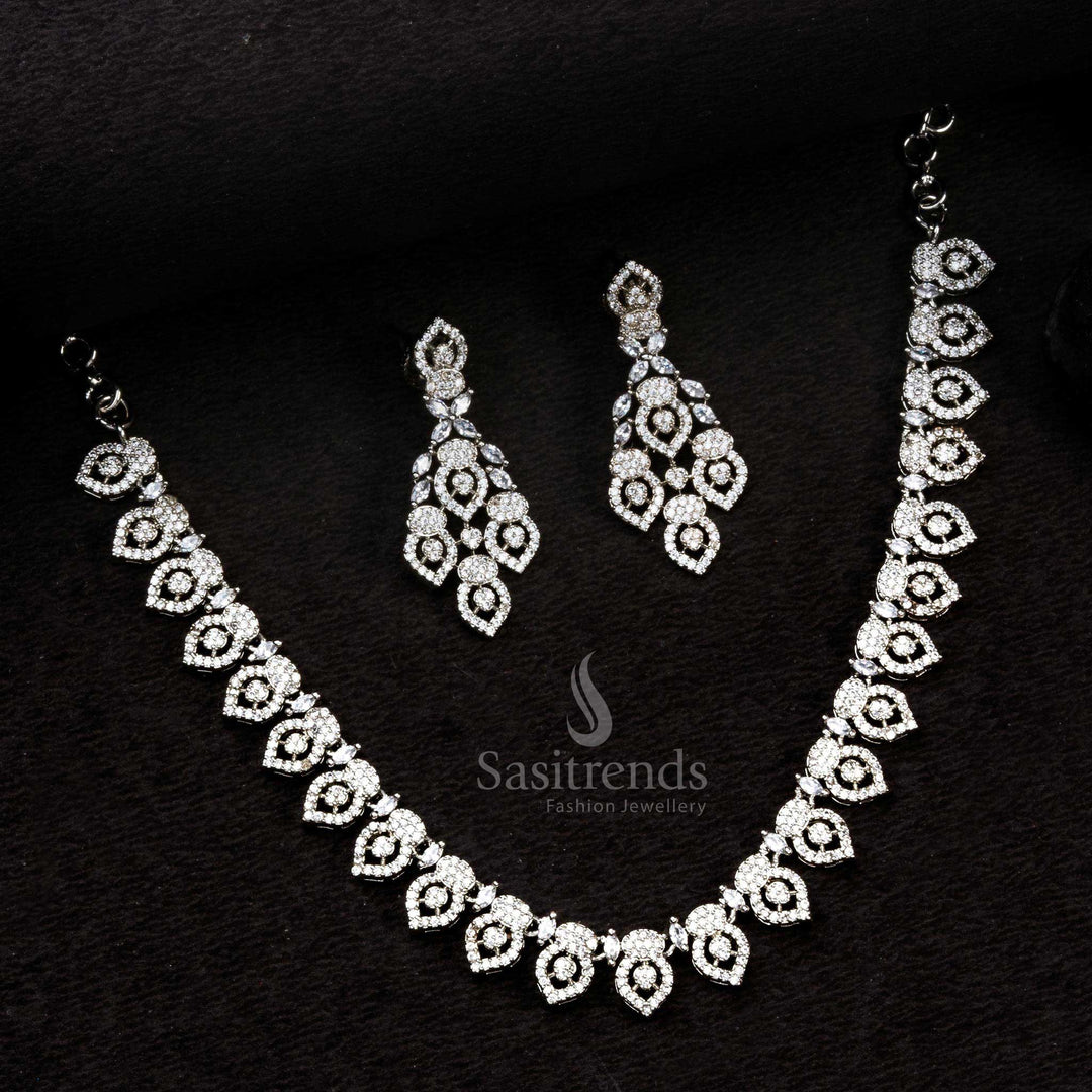 Elegant Rhodium Silver Floral Party Wear Necklace Set with AD Stones - Sasitrends