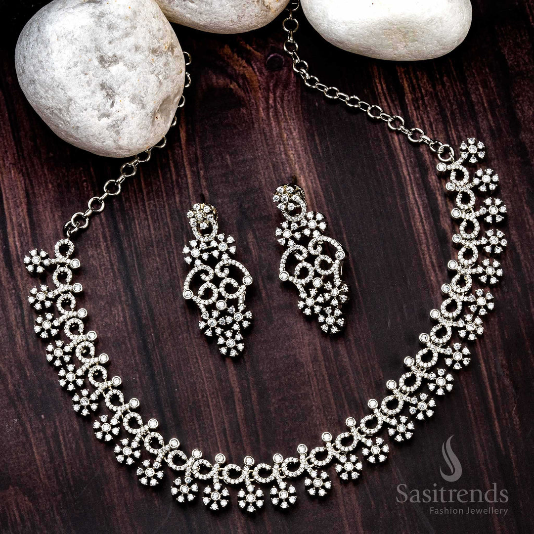 Rhodium Silver Party Wear Necklace Set with American Diamonds - Sasitrends