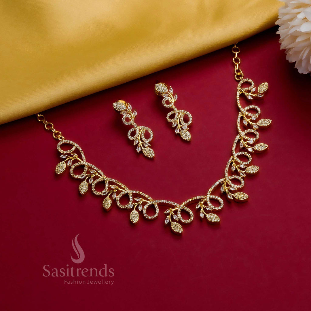 Floral Leaf Gold Plated Necklace Set with American Diamond Stones and Matching Earrings for Women - Sasitrends