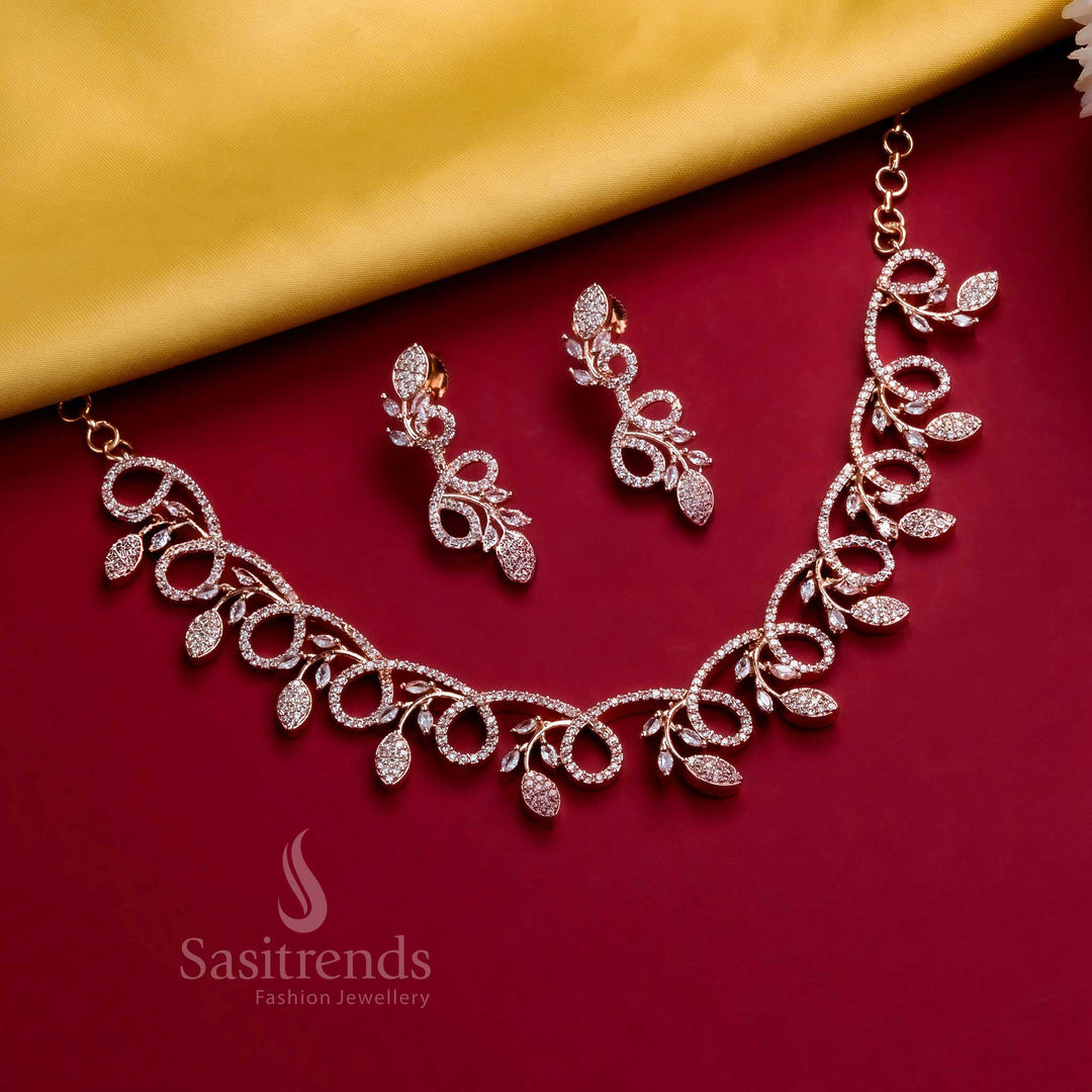 Trendy Rhodium Silver, Rose Gold And Gold Plated Floral Leaf Party Wear Necklace Jewellery Set Latest American Diamond Stones Stud