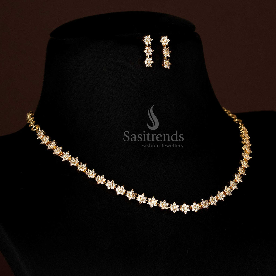 Floral Party Wear Gold Plated Necklace Set with American Diamonds - Sasitrends