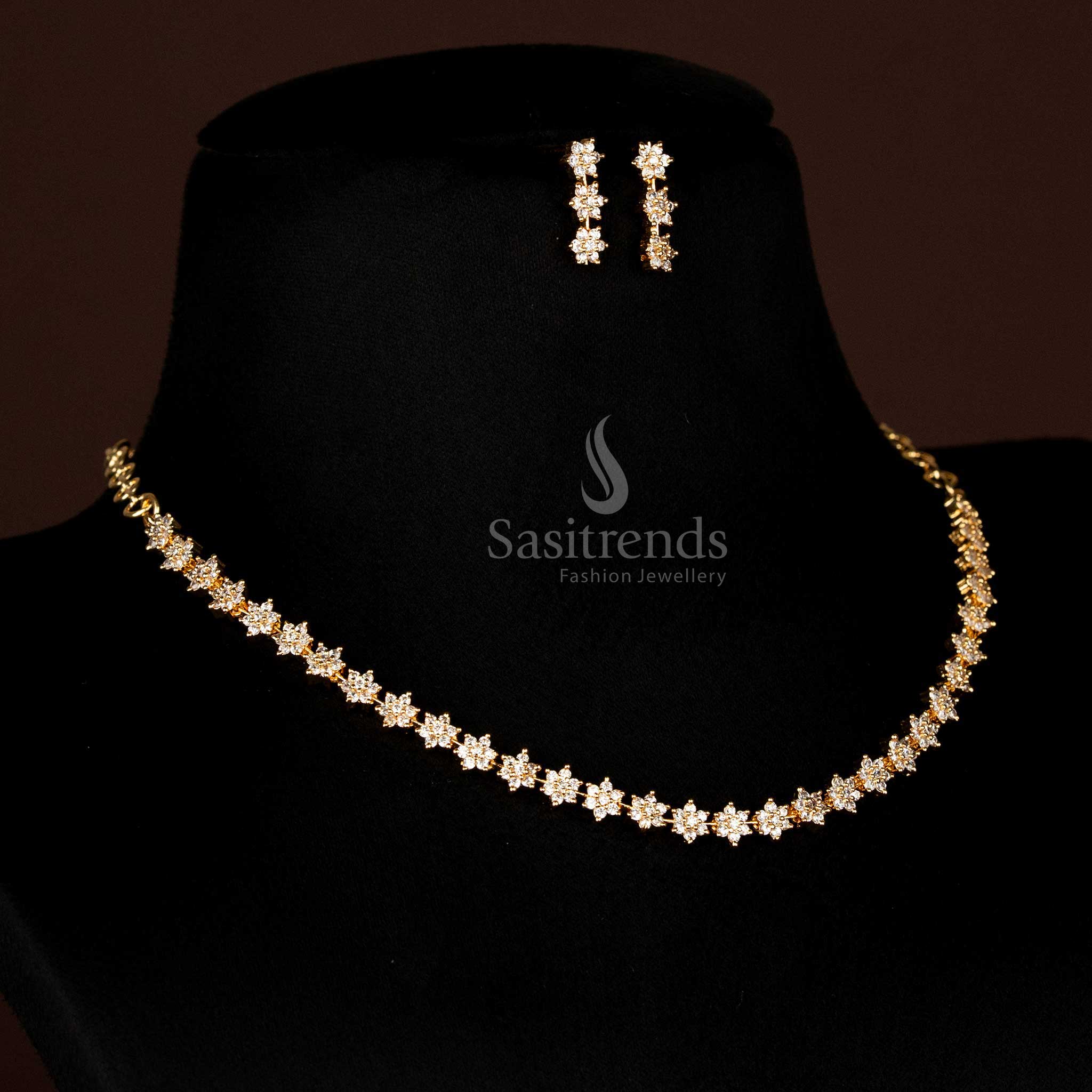 Floral Party Wear Gold Plated Necklace Set with American Diamonds - Sasitrends