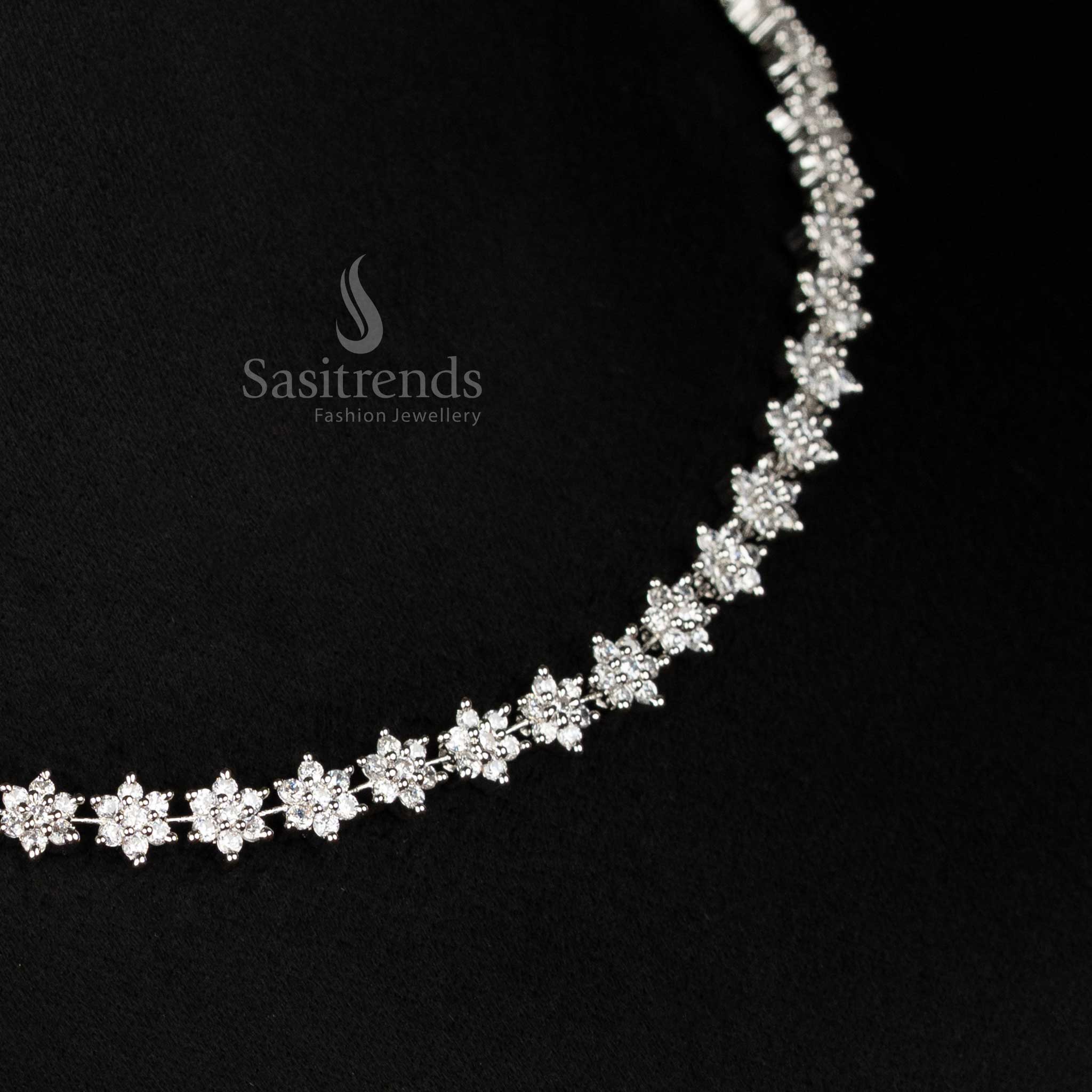 Trendy Floral Party Wear Rhodium Silver Plated Necklace Set with American Diamonds - Sasitrends