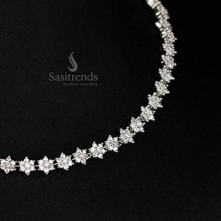 Trendy Floral Party Wear Rhodium Silver Plated Necklace Set with American Diamonds - Sasitrends