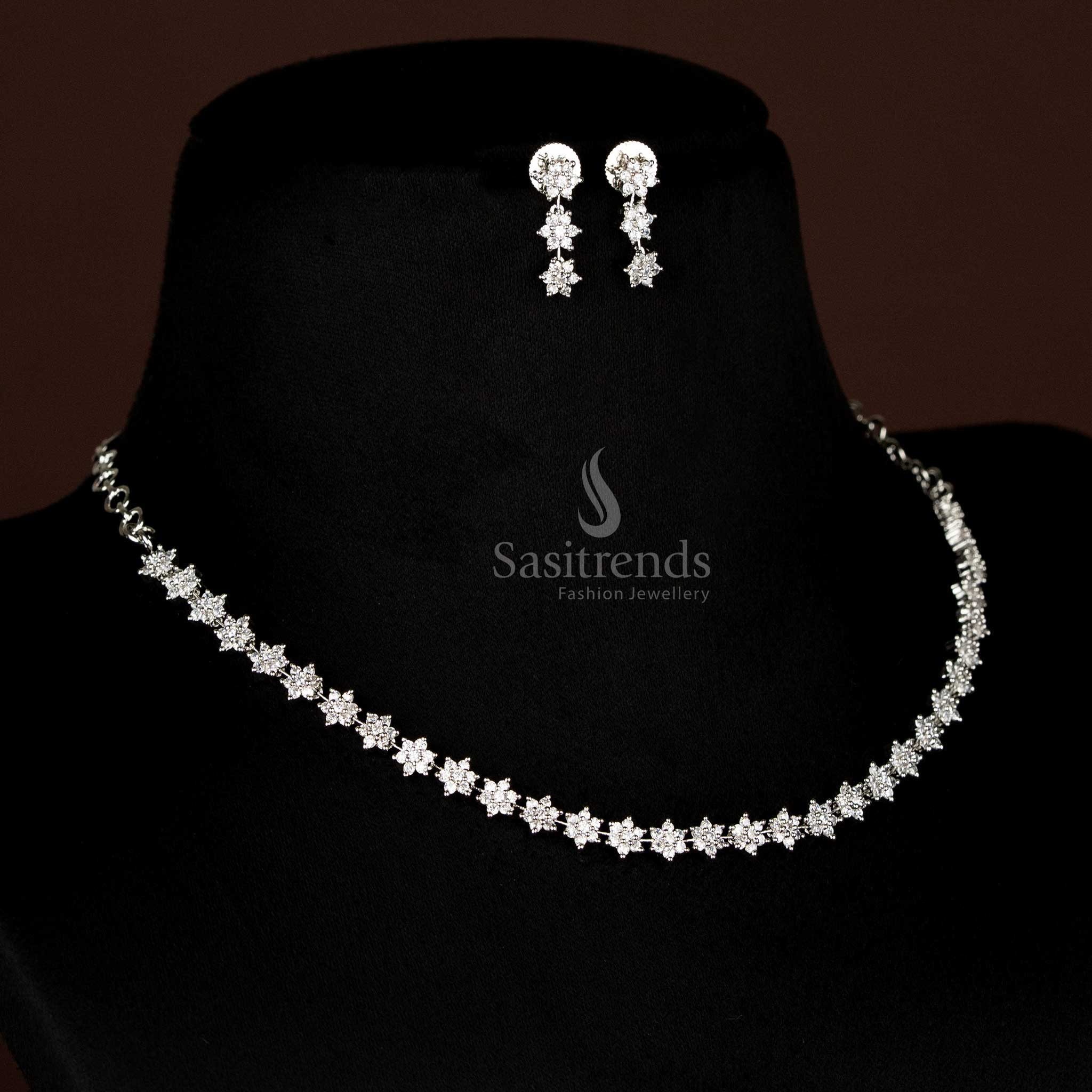 Trendy Floral Party Wear Rhodium Silver Plated Necklace Set with American Diamonds - Sasitrends