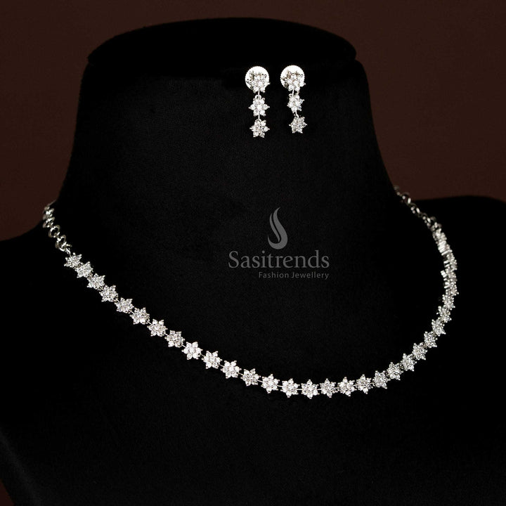 Trendy Floral Party Wear Rhodium Silver Plated Necklace Set with American Diamonds - Sasitrends