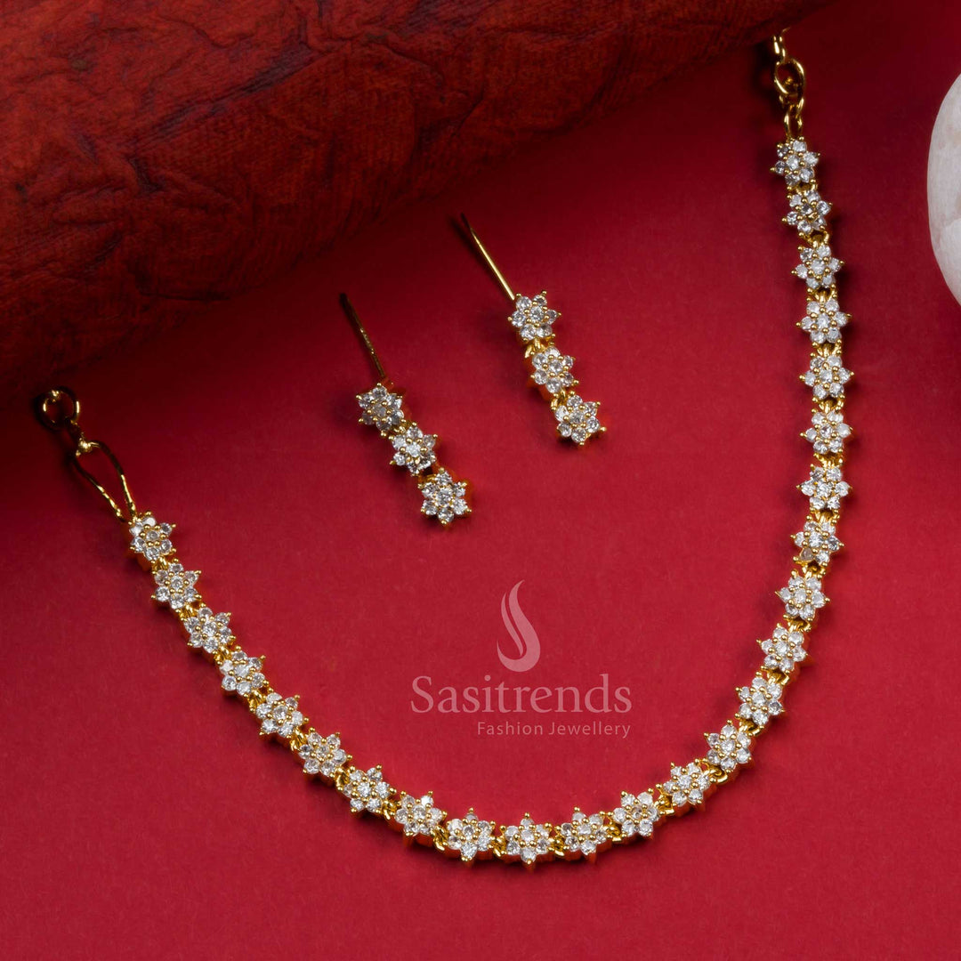 Floral Party Wear Gold Plated Necklace Set with American Diamonds