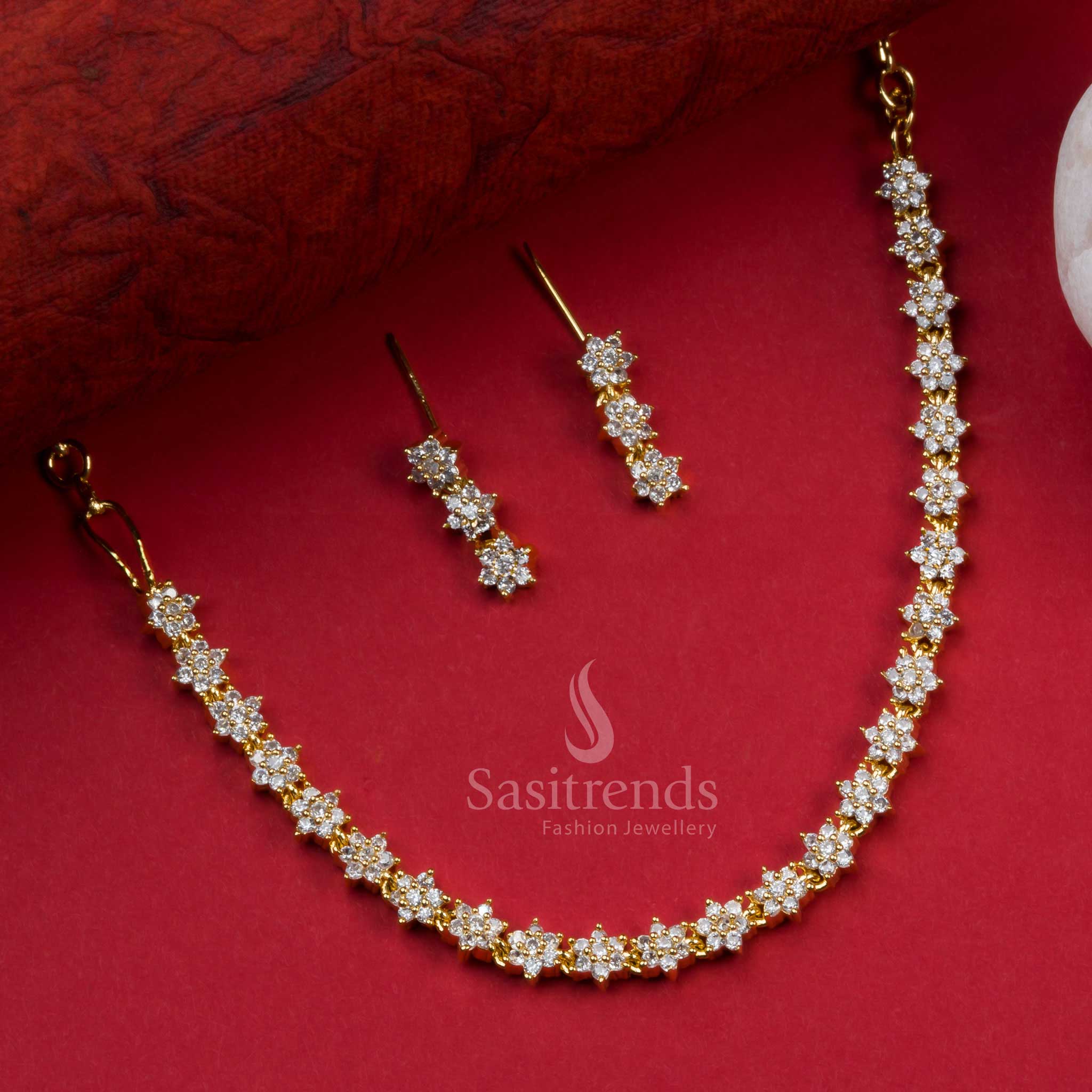 Floral Party Wear Gold Plated Necklace Set with American Diamonds