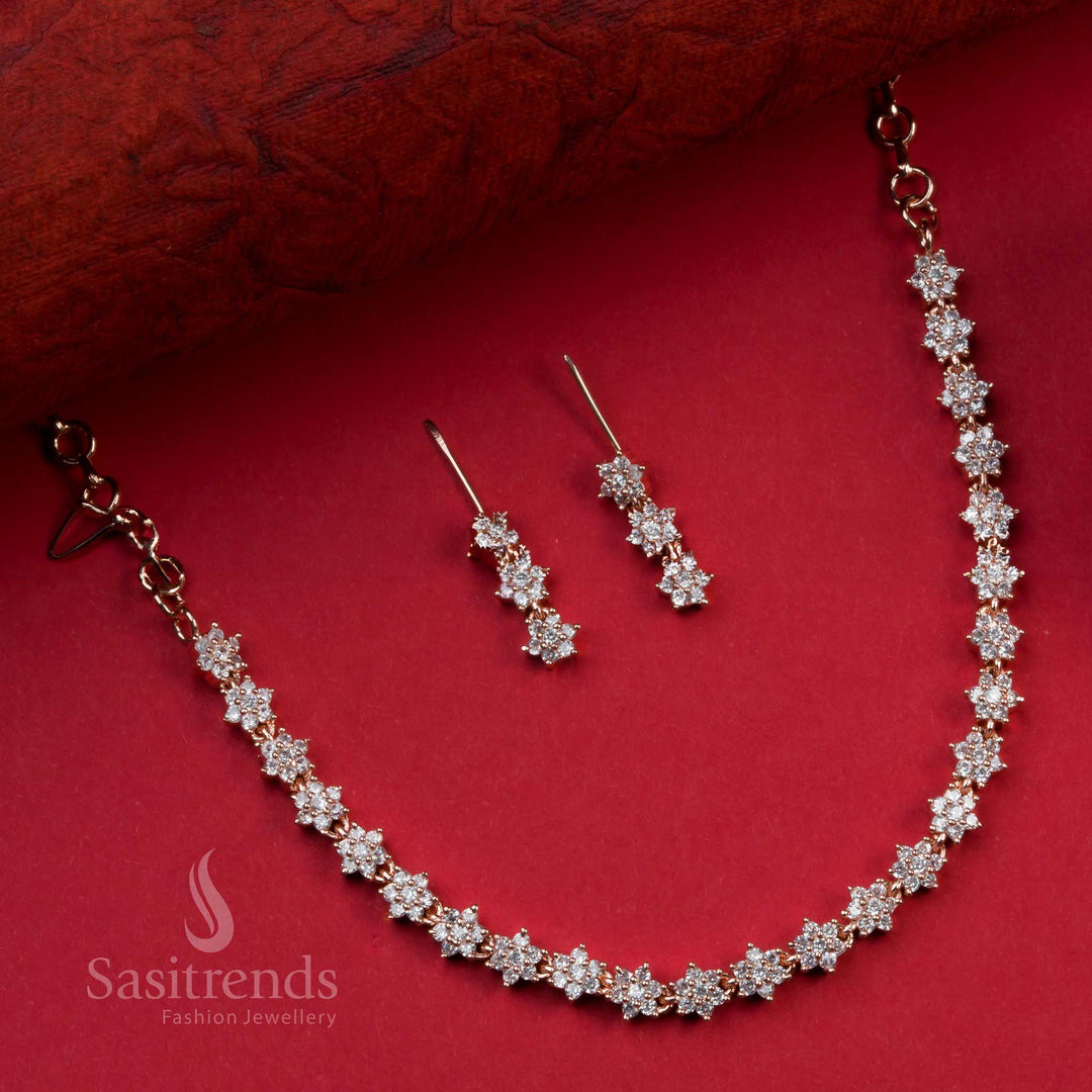 Trendy Floral Party Wear Rose Gold Plated Necklace Set with American Diamonds