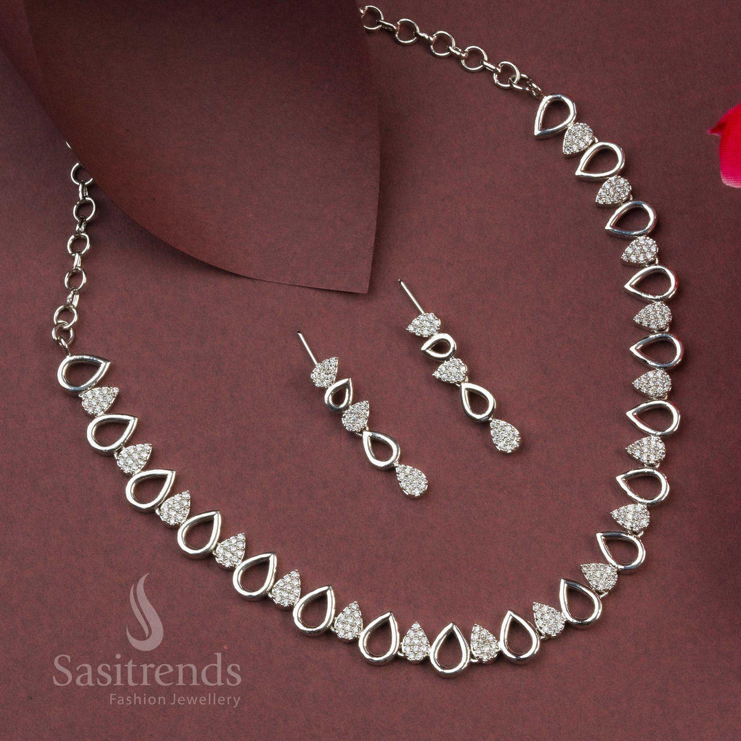 Party wear American Diamond Rhodium Silver Plated Teardrop Necklace Set with Earrings - Sasitrends