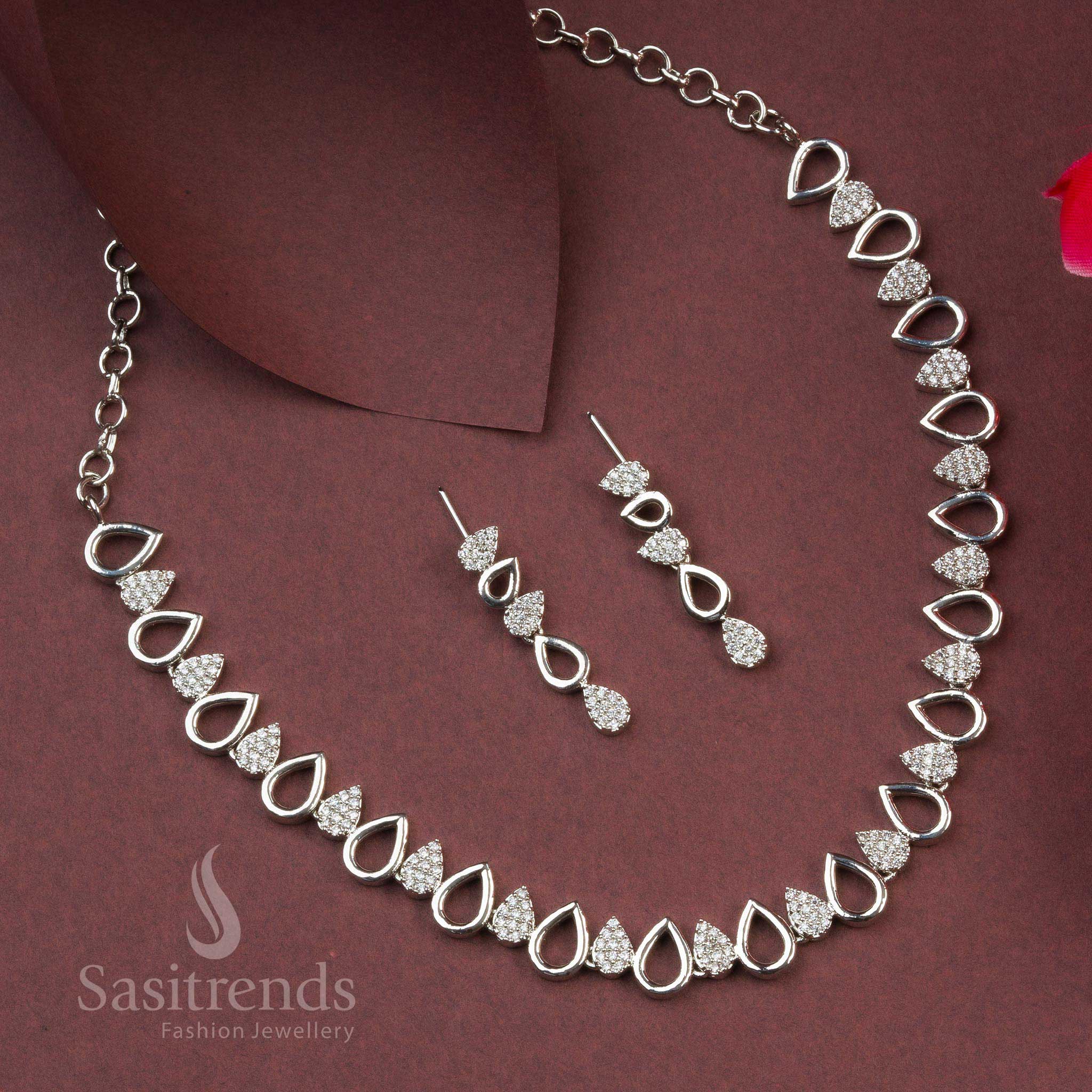 Party wear American Diamond Rhodium Silver Plated Teardrop Necklace Set with Earrings - Sasitrends