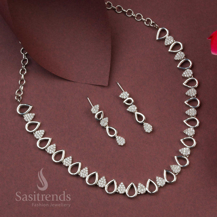 Party wear American Diamond Rhodium Silver Plated Teardrop Necklace Set with Earrings - Sasitrends