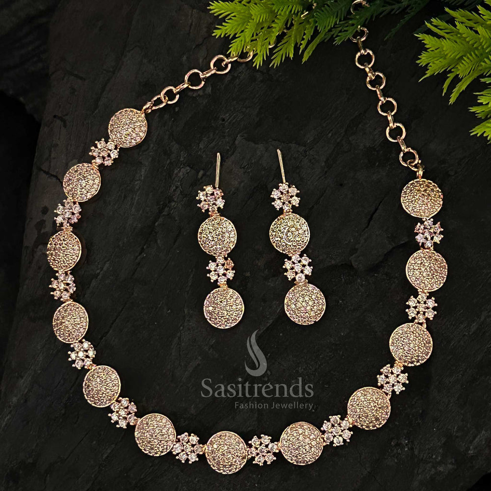 Floral Motif Rose Gold Plated Jewelry Set with American Diamond Accents - Sasitrends