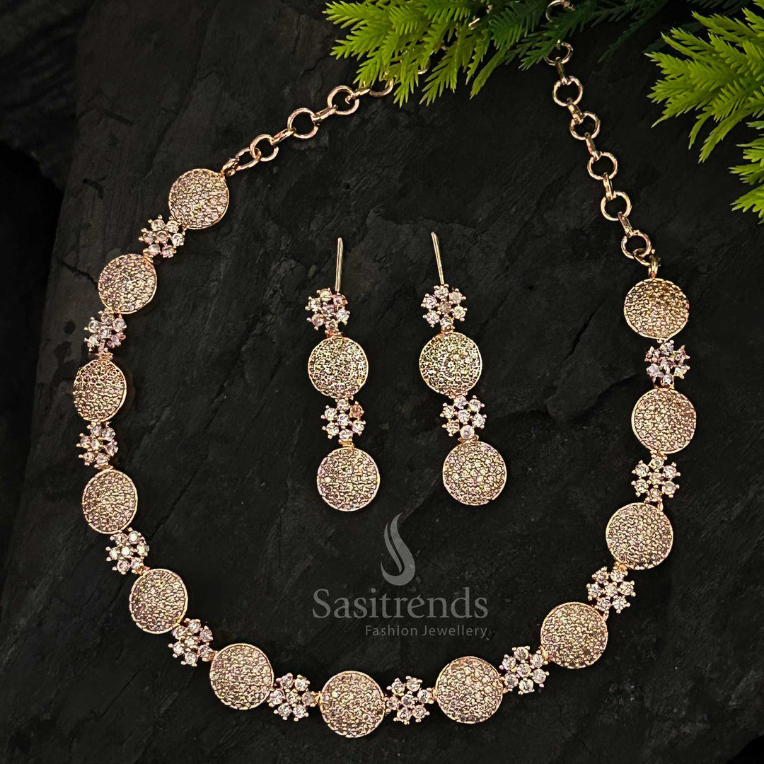 Floral Motif Rose Gold Plated Jewelry Set with American Diamond Accents - Sasitrends