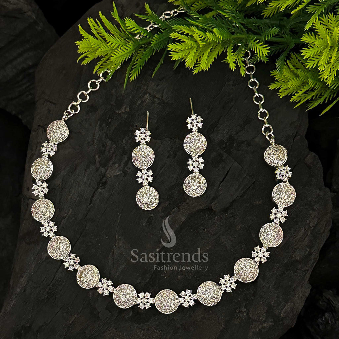 Floral Pattern Rhodium Silver Plated Jewelry Set with American Diamond Stones - Sasitrends