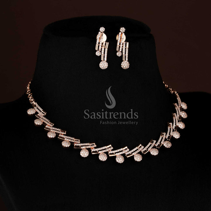 Sparkling Party Wear Rhodium Silver & Rose Gold Plated American Diamond Necklace Jewellery Set