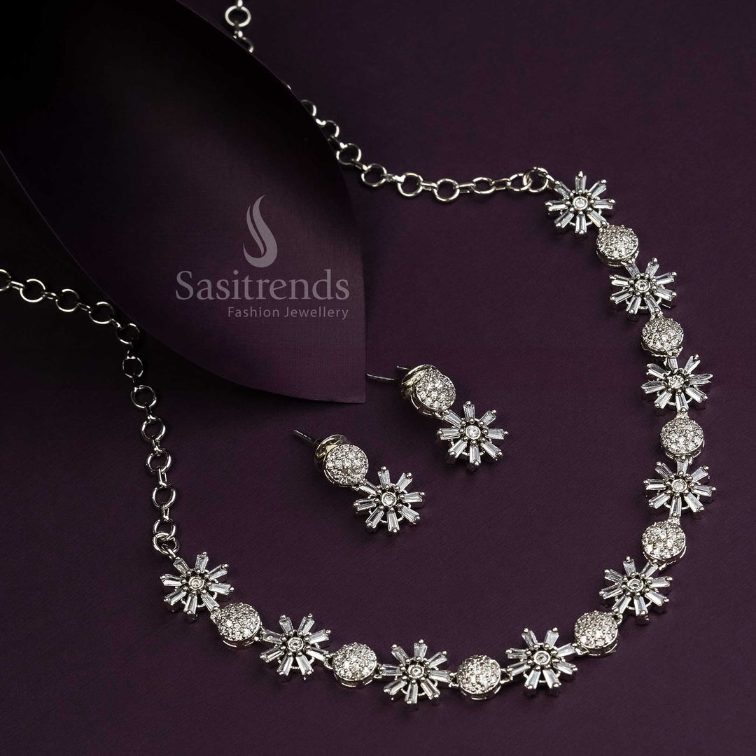 Luxurious Rhodium Silver Plated AD Necklace Set - Perfect for Parties & Festivals