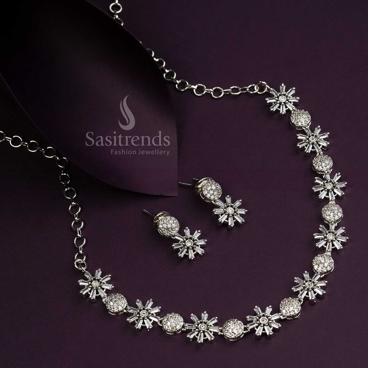 Rich Party Wear Rhodium Silver Plated Jewellery Set with American Diamond Stones | Sasitrends