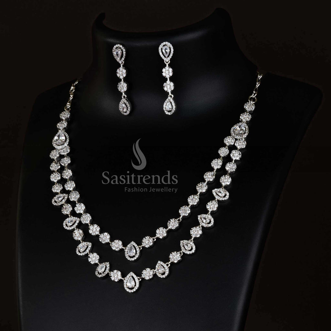 Rhodium Silver Plated Necklace Set with American Diamond Stones for Party Wear - Sasitrends