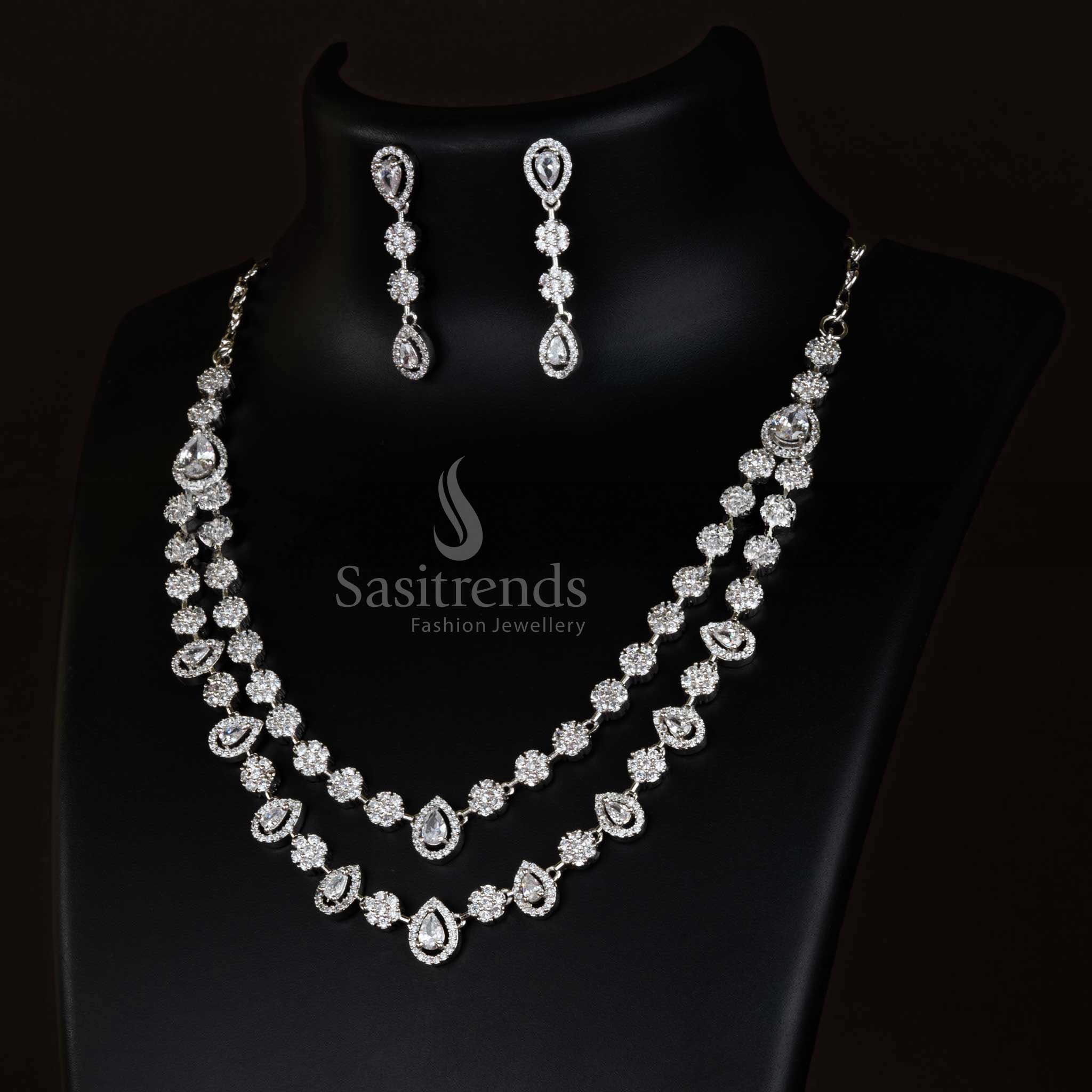Rhodium Silver Plated Necklace Set with American Diamond Stones for Party Wear - Sasitrends