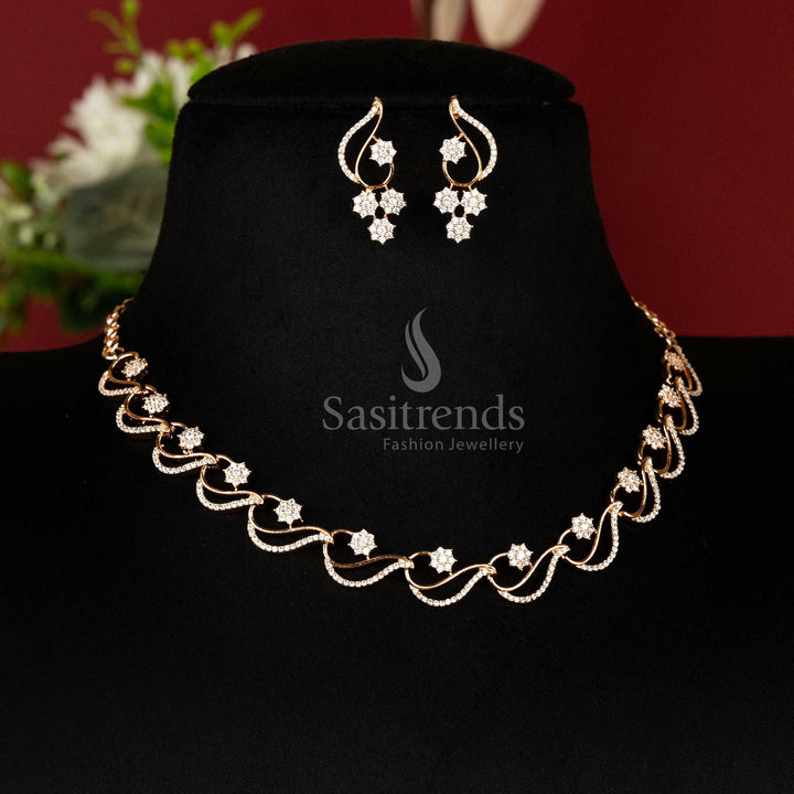 Dazzling American Diamond Rose Gold Plated Floral Vine Necklace Jewellery Set