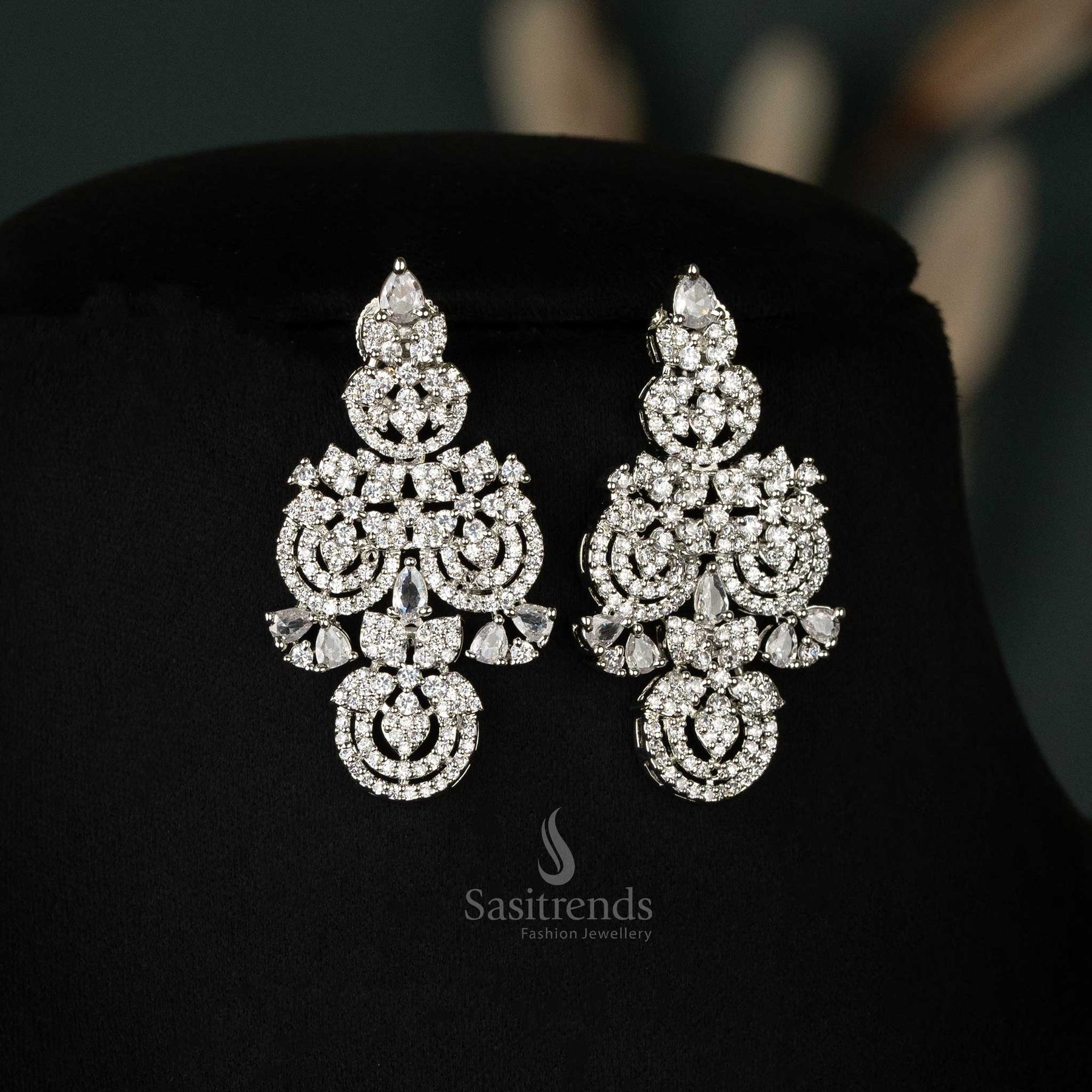 Exquisite American Diamond Rhodium Silver Ganga Jamuna Plated Necklace Jewellery Set with Intricate Circular Motifs