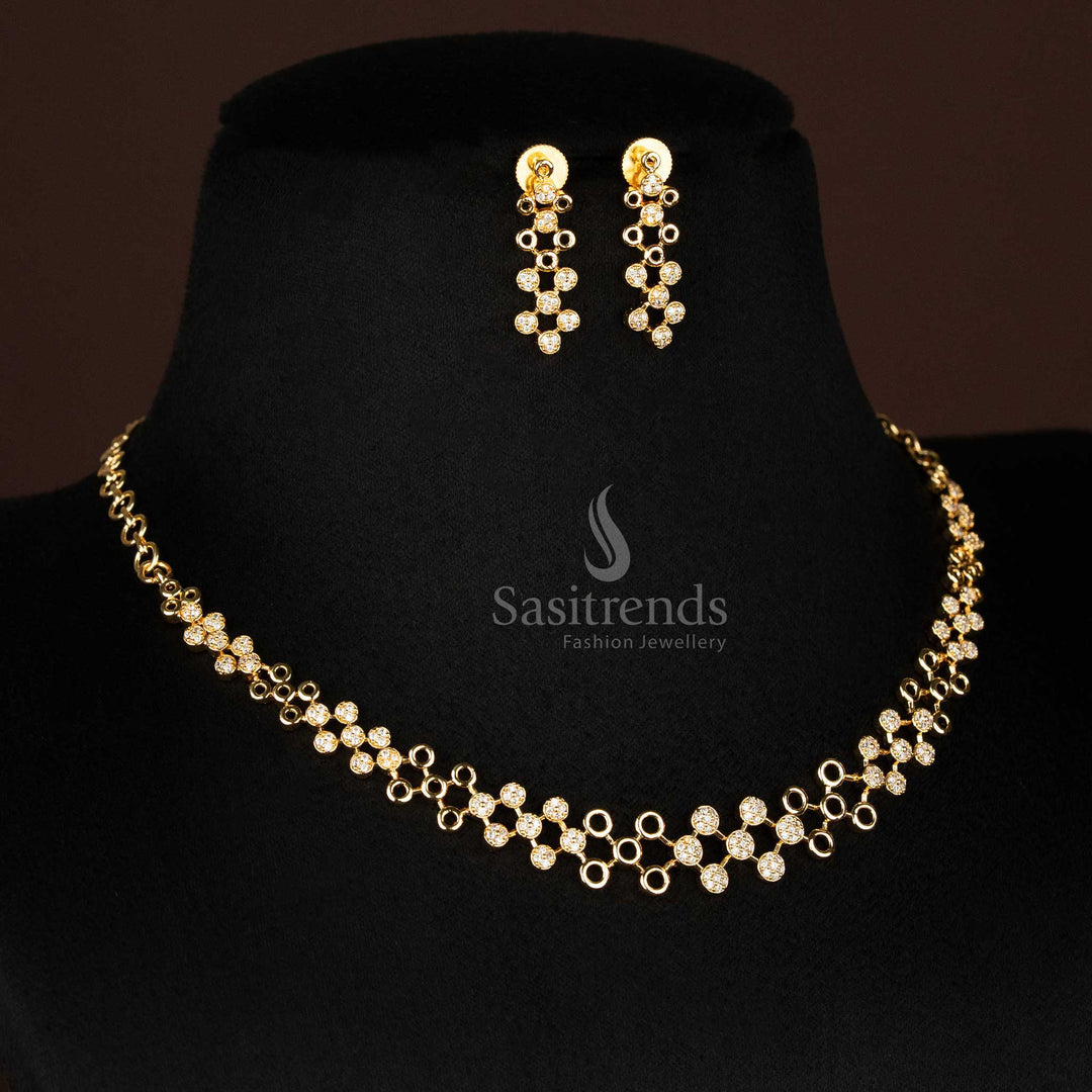 Dazzling American Diamond Gold Plated Jewellery Set Featuring Polished Linked Square Elements In A Contemporary Geometric Design – A Radiant Accessory For Party Wear – Sasitrends