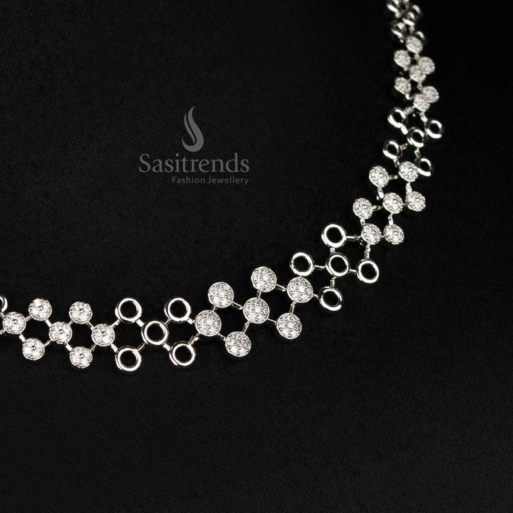 Chic Rhodium Silver Toned Jewellery Set With American Diamonds Arranged In Angular Link Shapes – A Contemporary Statement Jewellery Piece – Sasitrends