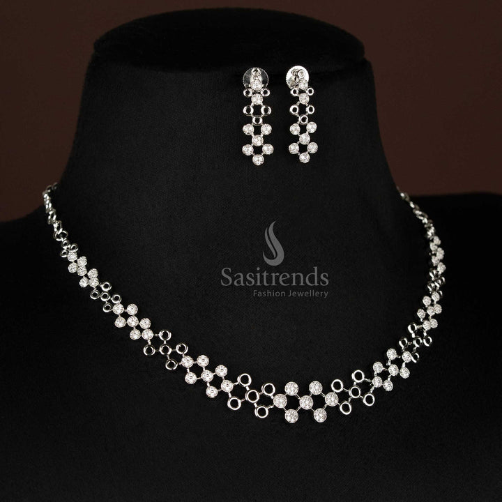 Modern Rhodium Plated Geometric Link AD Jewellery Set Designed With A Cool-Toned Shine And Linear Patterns – Eye-Catching Jewellery For Cocktail Events – Sasitrends