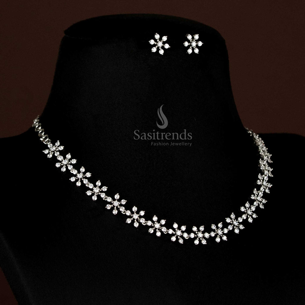 Extended view of the continuous floral Short American Diamond silver plated chain necklace, highlighting its intricate links.